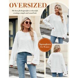 heekpek Women's Oversized Jumpers Long Sleeve Knit Tops Ladies Crew Neck Sweaters Casual Loose Fit Pullover, White, M
