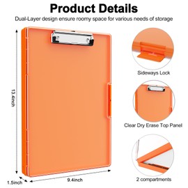 Piasoenc Clipboard with Storage, 8.5x11" Clip Boards with 2 Storage Case and A4 Paper Folder, Clear Dry Erase Top Panel, Heavy Duty Plastic, Folio & Side-Opening, for Nurses, Teachers, Lawers, Orange