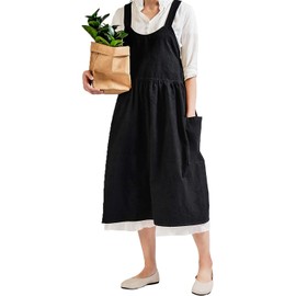 Upxiang Women Retro Literature Art Cotton Linen Cross Back Apron Flower Shop Clothing Cafe Kitchen Cooking Casual Apron;