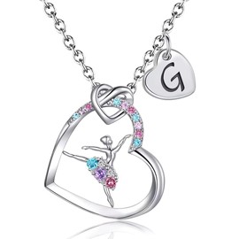 Ballerina Ballet Necklaces Gifts for Little Girls,Dancer Recital Gifts for Teens Girls Heart Initial Letter Jewelry Pendant for Kids Girl Children Women Silver G