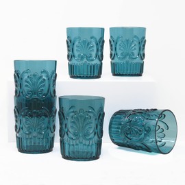 Le Cadeaux Fleur Shatter Resistant Polycarbonate Indoor Outdoor Small Tumbler, Teal, Set of 6