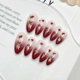 24Pcs Red Gradient Press on Nails Glitter Maple Leaf Medium Almond Fake Nails Reusable Thanksgiving Acrylic Nails for Women Autumn Manicure Decoration Supplies