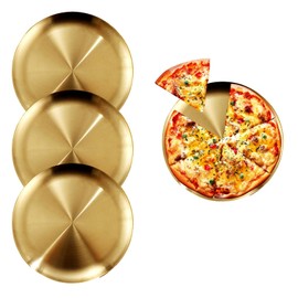 CheeseandU 4Pcs Pizza Pans 9 Inch Pizza Tray Oven Pizza Crisper Pan Round Baking Tray Round Pizza Plate Crisper Pan for Oven Kitchen Baking Home Restaurant Safe Sturdy Reusable Easy Clean (Gold)