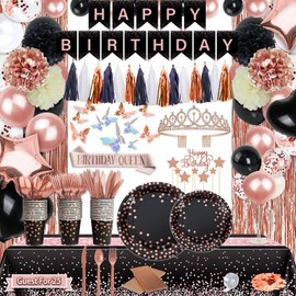 Guudmua 295 Pcs Black And Rose Gold Birthday Decorations, Birthday Decorations for Women or Girl Kit- Disposable Dinnerware Set with 25 Guest, Balloons, Sash, Tiara, Banner, Paper Pom Poms