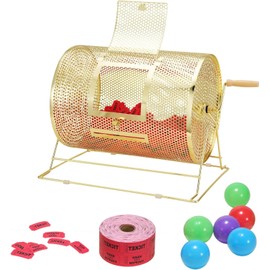 VEVOR Lottery Cage, Capacity for 5000 Tickets or 200 Ping Pong Balls, 16.1 x Ø12 inch, Durable Metal Construction with Wooden Handle, Brass Finish, for Bingo and Ballot Events