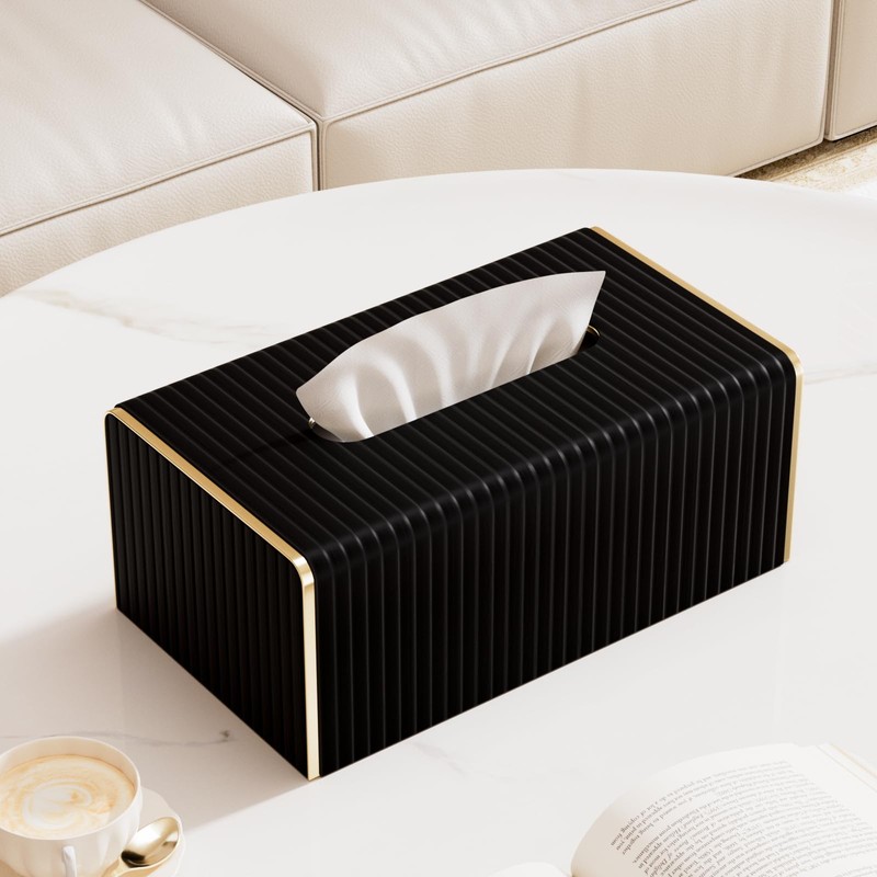 Tissue Box Cover,Black Rectangle PU Leather Tissue Holder with Gold-Tone