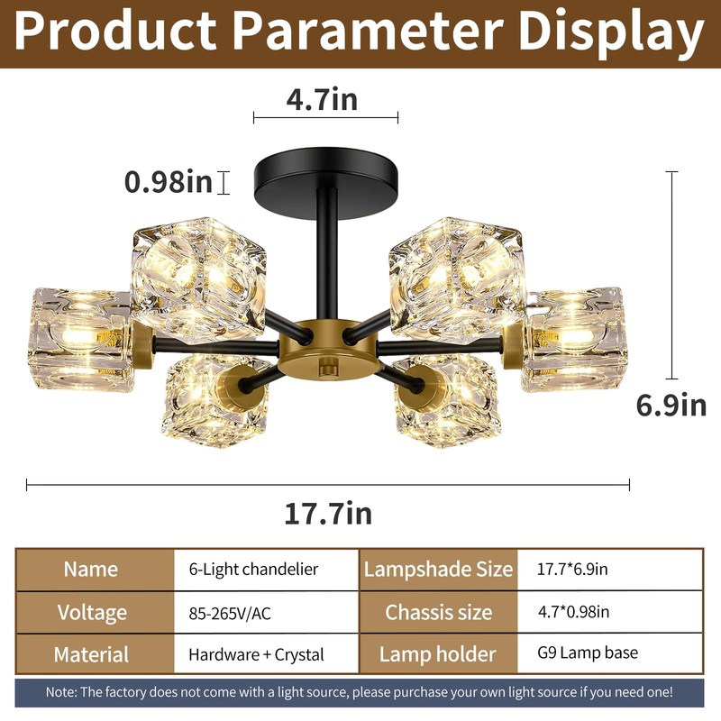 SHINELUX Modern Sputnik Chandelier, 6-Lights Crystal Semi Flush Mount Ceiling