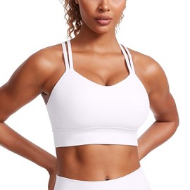 CRZ YOGA Womens Butterluxe Strappy Longline Sports Bra - Molded Cup Double Spaghetti Strap Workout Yoga Crop Top Athletic White Small