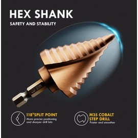 MACXCOIP M35 Cobalt Step Drill Bit Set with Automatic Center Punch, 1/8" to 1-3/8", 6 PCS Step Drill Bit for Stainless Steel, Metal, Aluminum, Copper, Wood, PVC