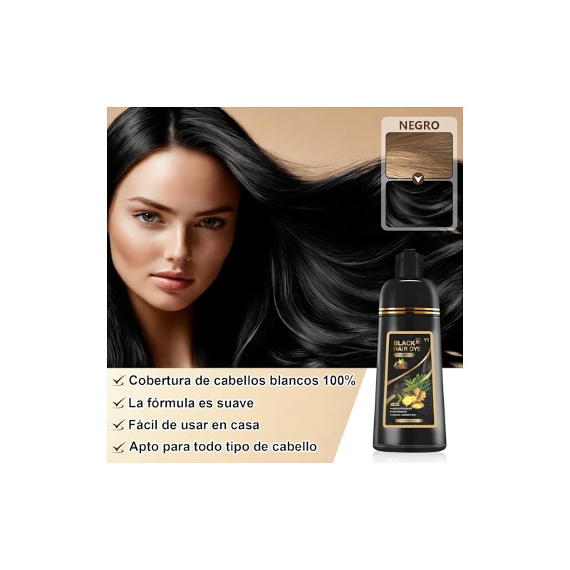 4 en 1 para Champú Colorante, Shampoo Tinte 500ml (Negro)