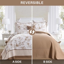 SOElinens Queen Bedspreads 102x120 - Botanical Floral Farmhouse Reversible Oversized Queen Quilt Set, 3-Piece Lightweight Thin Comforter Coverlet Set with 2 Pillow Shams, 100% Cotton, Brown/Oatmeal