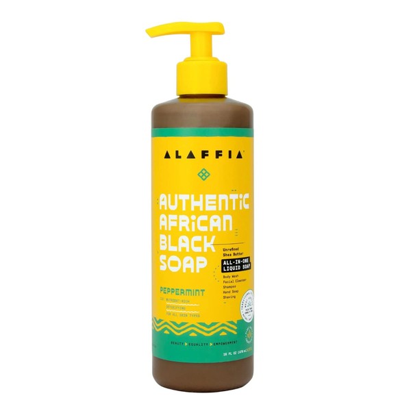Alaffia Skin Care, Authentic African Black Soap, All in One Body Wash, Face Wash, Shampoo & Shaving Soap with Fair Trade Shea Butter, Peppermint, 16 Fl Oz