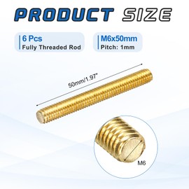 sourcing map 6Pack M6x50mm Fully Threaded Rod, Brass Right Hand All Thread Screw Studs for Furniture Assembly Fastening, 1mm Pitch