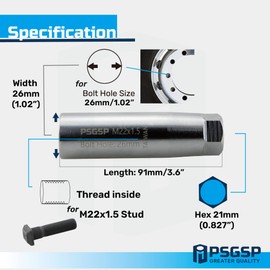 PSGSP Wheel Centering Tool Pair Frosted Chrome with M22x1.5 Internal Thread for Heavy Duty Truck Wheels with Bolt Hole 26mm (1.02 inch)