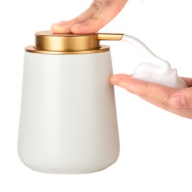 Enra Foaming Soap Dispenser,12 oz Beige Ceramic Hand Soap Dispenser, Refillable Dish Soap Dispenser,Modern Poam Soap Dispenser for Bathroom,Kitchen with Easy-to-Press Pump (White Poam Gold Pump)