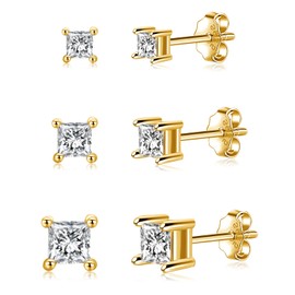 GULICX 3 Pairs Sliver 14K Gold Stud Earrings Set for Women Men, Hypoallergenic Square Cubic Zirconia Simulated Diamond Unisex Cartilage Small Tiny Sleeper Silver Studs Earrings for Girls, Size:2/3/4mm
