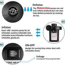 Motorenbau Electric Air Pump for Inflatables, Portable Quick-Fill Air Pump with 3 Nozzles, 110V AC/12V DC, Inflator &Deflator Pumps for Outdoor Camping, Air Mattress Beds, Boats, Inflatable Cushion