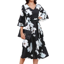 DRESSTELLS Cocktail Dress for Women, 2025 Party Vintage Fit Flare Dresses, Swing Aline 1950s Plus Size Mother Guest Floral Black Blue White Flower 3XL