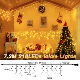 Hopexy Icicle Outdoor Christmas Lights, 216 LEDs 7.3m Waterproof Connectable Outside Fairy Light Mains Powered, Warm White Hanging String Light Plug in, for House Roof Porch Gutter Xmas Decorations