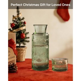 DmmyAlzx Bedside Water Carafe and Glass Set, Mouthwash Dispenser for Bathroom, 21.6 Oz Glass Water Bottles with 6 Oz Drinking Cup as Lid, Water Pitcher for Nightstand, Kitchen (Green)