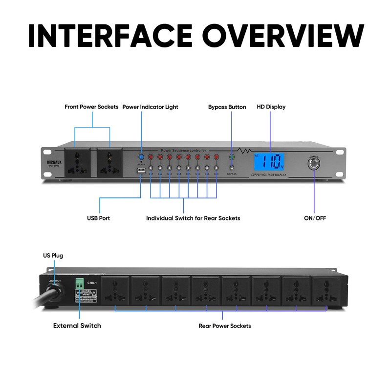 MICNAUX Rack Mount Power Conditioner 20A Sequencer for Audio Equipment,