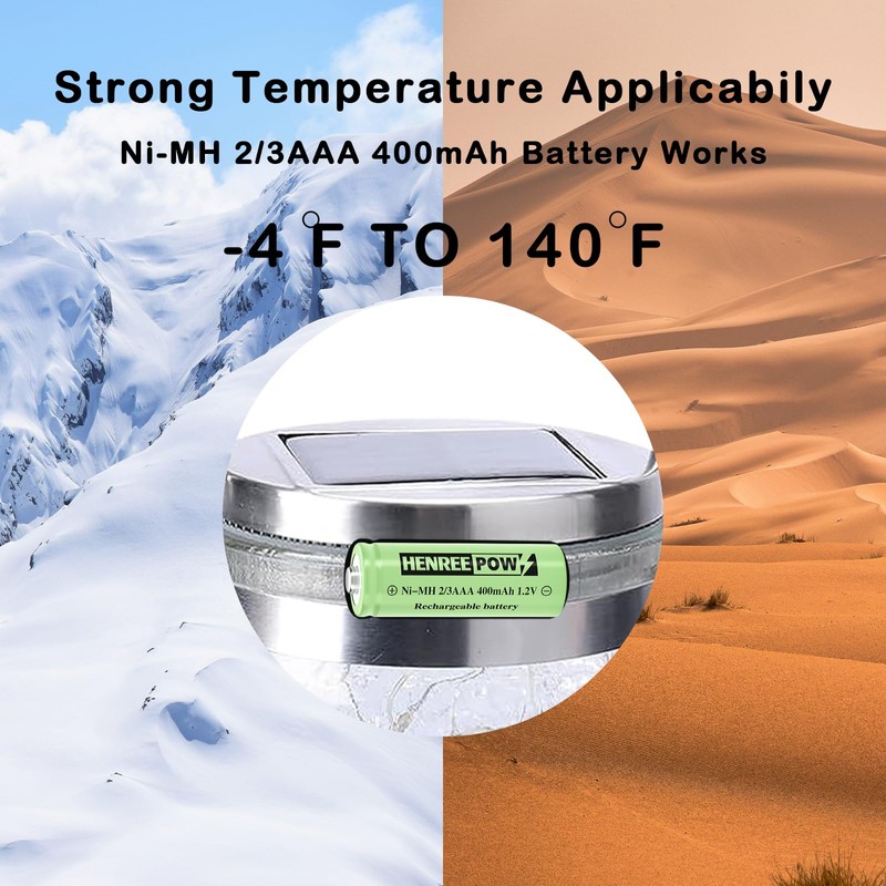 Henreepow 2/3AAA Solar Battery, 2/3AAA 400mAh Rechargeable Battery, 2/3AAA 1.2V