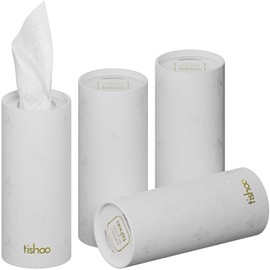 tishoo Extra Soft 4-Ply Tissues with Moisturising Cream for Car Cup Holders Home and Travel 4 Tubes in Plastic-Free Packaging White/Pure