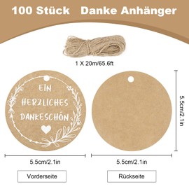 Pack of 100 A Heart Thank You Gift Tags, 5.5 cm Round Thank You Cards Pendants, Thank You Gifts, Kraft Paper Tags with String 20 m, Label Tags for Weddings, Parties, DIY Gifts