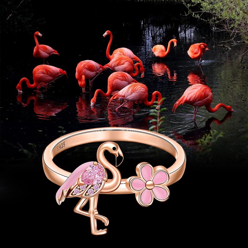 Flamingo Ring 925 Sterling Silver Pink Flamingo Rings for Women