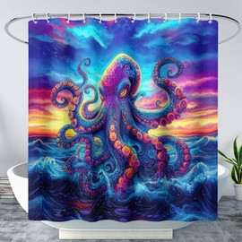 AILONEN - Juego de cortinas de ducha de pulpo, juego de cortinas de baño de pulpo de dibujos animados para niños, niñas y niños, juego de cortinas de ducha impermeables con ganchos para decoración de