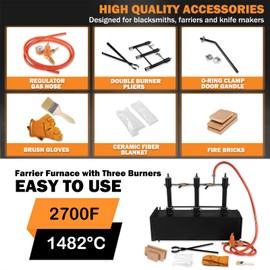 3-Burner Propane Forge 2700°F/1482°C for Knife Making & Blacksmithing - 80,000 BTU DFP Burners, 16 Gauge Steel, 6.5ft Hose, Gas Regulator with Mpa Manometer, Firebrick, Tongs & Heat-Resistant Gloves