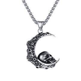 Flongo Gothic & Vintage Unisex Stainless Steel Moon Skull Pendant Wheat Chain Necklace 56cm Punk Hip Hop Rock Men Women, Stainless Steel, Moon