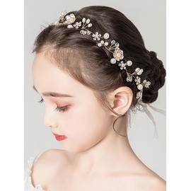 Denifery Princess Flower Crystal Headpiece Rhinestone Pearl Headband Floral Bridal Hair Accessories for Women Girls Toddler Wedding Party Photography