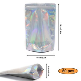 50Pcs 16 x 24cm Foil Pouch Bag Stand up, Food Packaging Bags with Clear Window, Reusable Mylar Bags for Food Self-Sealing Storage Supplies (16x24cm)