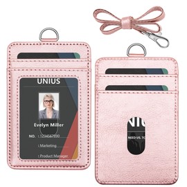 PU Leather Badge Holder with 2 Thumb Slide Slots 4 Credit Card Slots PU Leather Lanyard for ID Credit Card Bus Metro Card Business Room Card in Rose Gold