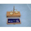 brass weighing scales 50gram wooden box with draw for weights