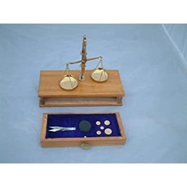 brass weighing scales 50gram wooden box with draw for weights