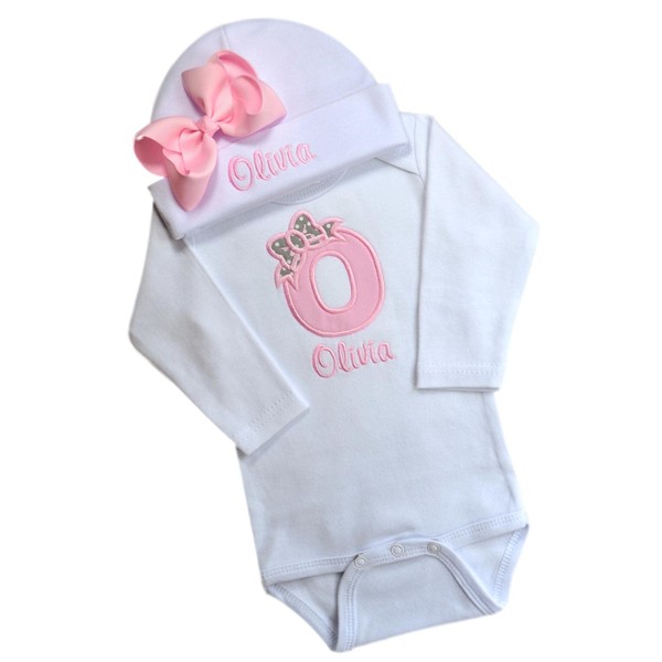 Baby Girl Embroidered INITIAL Bodysuit and MATCHING Beanie HAT Gift SET with Your Custom Name (PINK & GRAY DOT) (0-3 MONTHS)