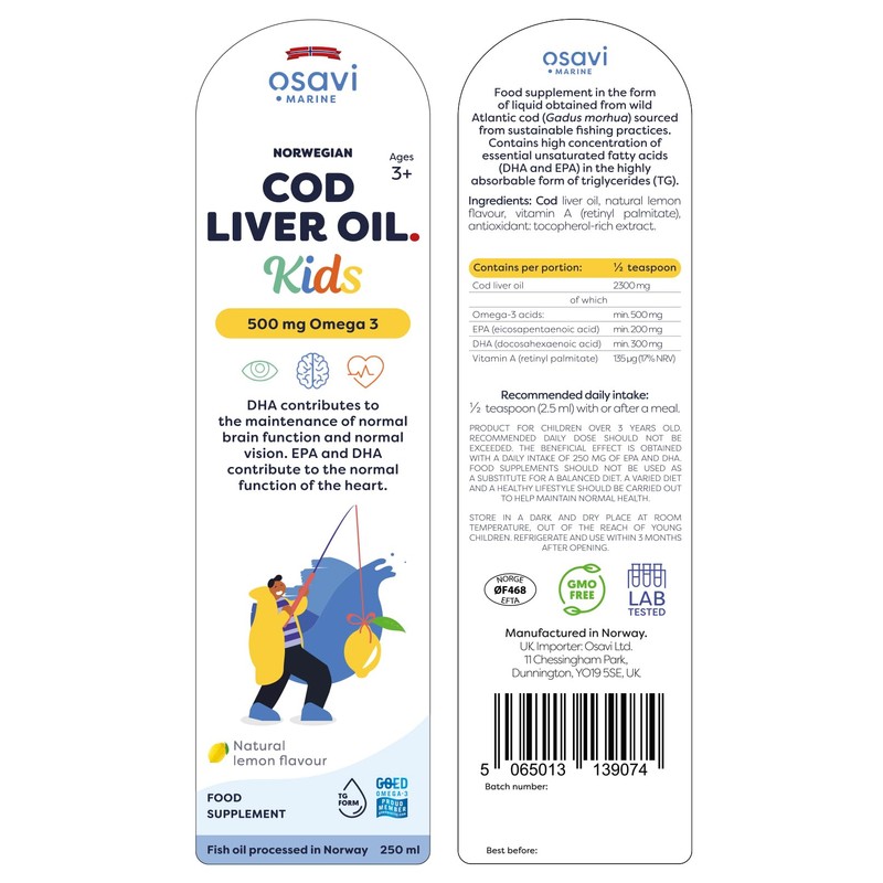 Osavi Norwegian Cod Liver Oil Kids, 500 mg Omega 3