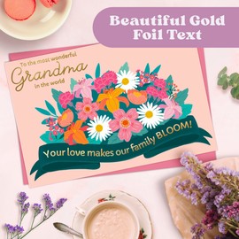 Honeyplum Mothers Day Card For Grandma With Envelope - Bright & Colorful Floral Design With Gold Foil Lettering - 4 x 6 Inches