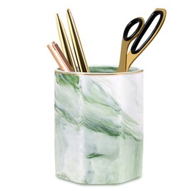 WAVEYU Pencil Holder, Pencil Cup for Desk, Makeup Brush Holder Cup, Cute Pencil Stand Marble Decorative for Kids Durable Ceramic Desk Organizer for Office, Classroom, Home, Green Marble