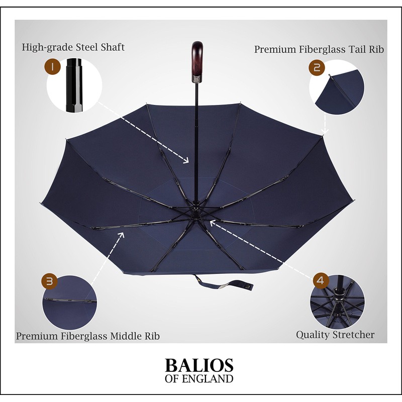 Balios Travel Umbrella Wood Handle Auto Open Close Vented Canopy