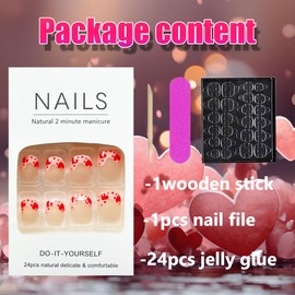 French Tip Press on Nails Short Valentine's Day Fake Nails Square False Nails with Heart Point Design Full Cover Stick on Nails Glossy Love Glue on Nails Red Cute Artificial Nails for Women Nail Decor