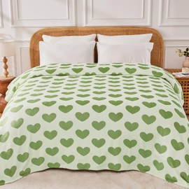 FY FIBER HOUSE Heart Flannel Throw Blanket for Couch Soft Cozy Blankets for Lover Gifts All Season Use, 50x60 Inches, Sage Green