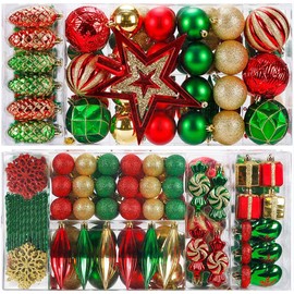 100-Piece Christmas Decorative Set, Colorful Christmas Ball Set Combination, Christmas Tree Ornaments Balls with Round and Unique Shapes for Christmas Decorations Christmas Tree Decor (gold green red)