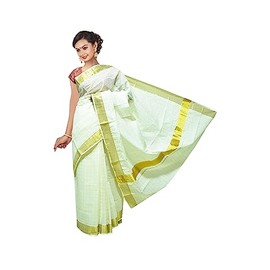 Kerala Saree Women's Cotton Cream Solid Plain Golden Zari Bordered Premium Traditional Elegance Onam Special Kavasu Saree, Checked Design-1, Free