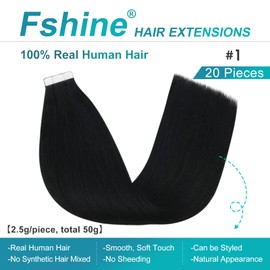 Fshine Tape-In Real Hair Extensions, 45 cm, Black, Colour 1, 20 Pieces, 100% Remy Hair, Invisible Extensions, Straight, 50 g