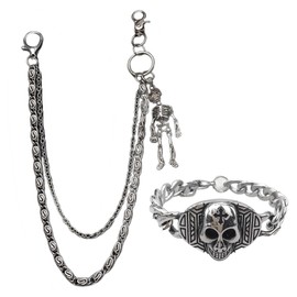 AMZNEVO Punk Skeleton Jean Chain and Bracelet Set, Pant Chain with Skeleton Pendant and Stainless Steel Skull Bracelet for Men Women
