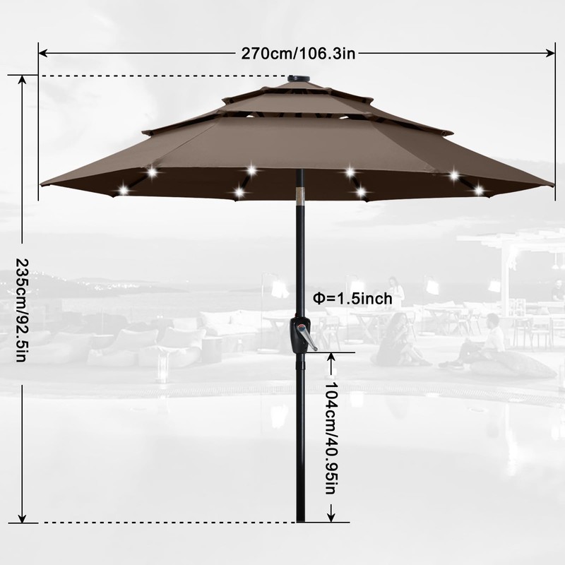 ABCCANOPY Solar Led Patio Umbrellas 3-Tiers 9FT (Brown)