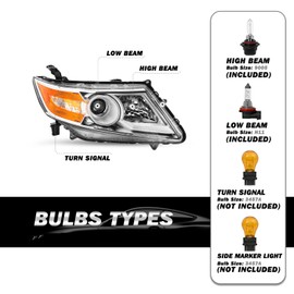 SOCKIR Headlight Assembly Fit 2011-2017 Honda Odyssey OE Style Headlights Headlamps Direct Replacement w/Bulbs Chrome Housing with Amber Reflector (Right Passenger Side)